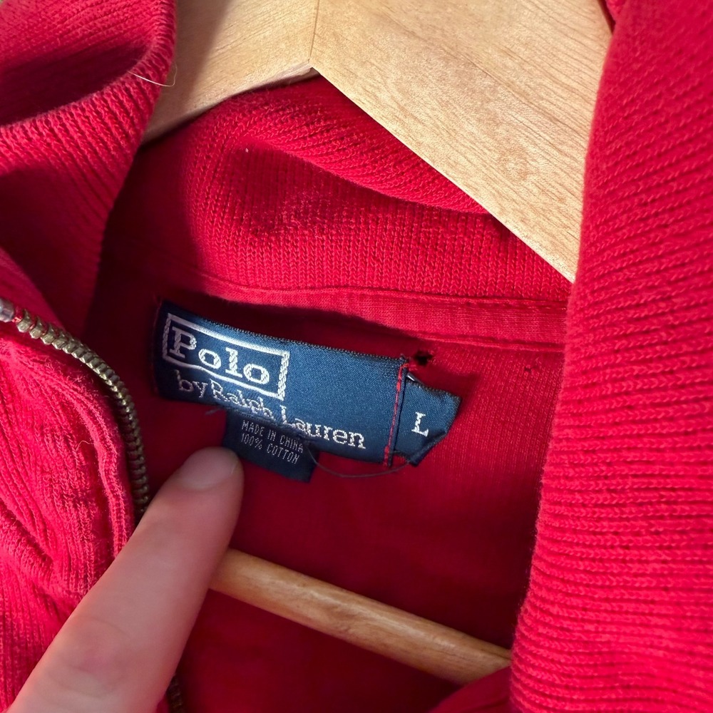 Polo Ralph Lauren Mens Large Red Quarter Zip Pullover Cotton Sweater Pony Logo - Picture 2 of 5
